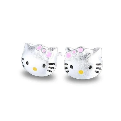 Image of Kaguyo Silver earrings For women, 925 Sterling Hello Kitty Earrings, zirconia cute cat stud Women Girls kids, birthday Gift (Hello C)