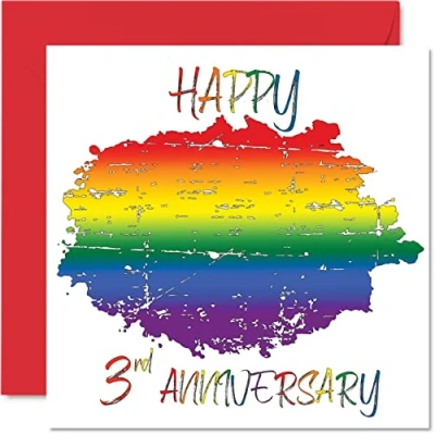 Image of LGBT Gay Leather Anniversary Card for Husband Wife Happy Aniversary 3rd Wedding Partner, 145mm x Pride Greeting Cards Third Anniversaries