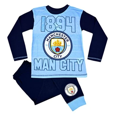 Image of Childrens Official Manchester City FC Badge Pyjamas Boys Girls Kids Football Club Nightwear Pj Set, Age 4 5 Years