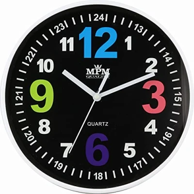 Image of MPM Quality Design Children&#039;s Wall Clock Plastic with Distinctive Coloured Numbers, Black Dial, Quartz Sweep, Colourful Clock, Diameter 200 x 34 mm, Ideal for Room, Nursery or