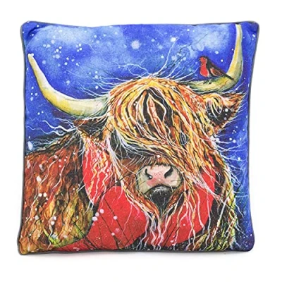Image of Carousel Home 38cm Handsome Highland Cow Robin Scatter Cushion Winter Fabric Filled Sofa Festive Bed Throw Pillow With Cover