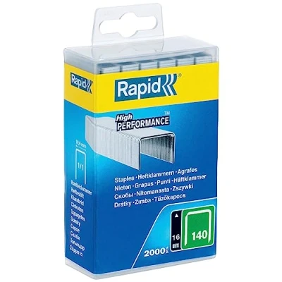 Image of Rapid High Performance Staples for Insulation, Thin Plastics, Cardboard and Carpets Flatwire No. 140, Leg Length 16mm, Staple Gun Staples, Galvanised Steel, 2000 Pieces, Plastic Box (5000091)
