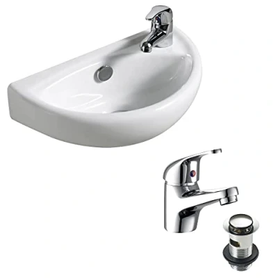 Image of Compact Wall Hung Basin Sink Bathroom Mini Tiny Small Right Hand + Tap &amp; Waste