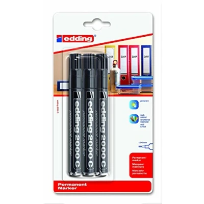 Image of edding 2000 C permanent marker black pack of 3 round tip 1.5 mm quick drying markers waterproof, smudge proof for cardboard, plastic, wood, metal, fabric pen, 4 2000C 1001