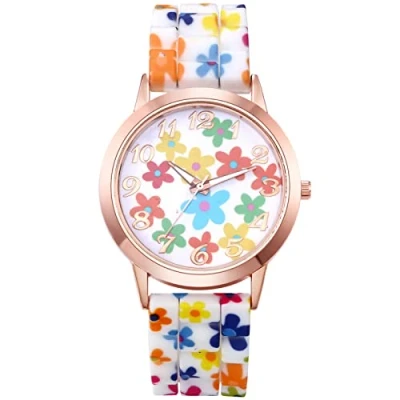 Image of JewelryWe Women Watches, Silicone Band Wristwatch Round Analog Quartz Watch Floral Casual Dress for Ladies Girls, Xmas