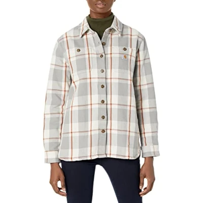 Image of Carhartt Women&#039;s Rugged Flex Loose Fit Heavyweight Twill Flannel Long Sleeve Plaid Shirt, Malt, Medium