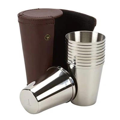 Image of 10 small stainless steel tumblers / tot cups (4fl oz) numbered on the bottom for drinks and as a peg finder approx 4.5&quot;/12cm tall ideal jacket pocket comes in leather stud case (3385)