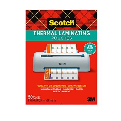 Image of Scotch Dry Erase Thermal Laminating Pouches, 50 Pack, Works with Markers, Reuseable Worksheets, Calendars, Checklists, 8.9 x 11.4 Inches, Letter Size, Clear Professional Finish (TP3854 50DE)