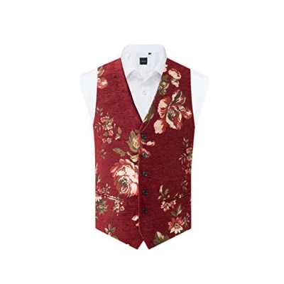 Image of Dobell Mens Red Floral Brocade Waistcoat Regular Fit 5 Button L (42 44in)