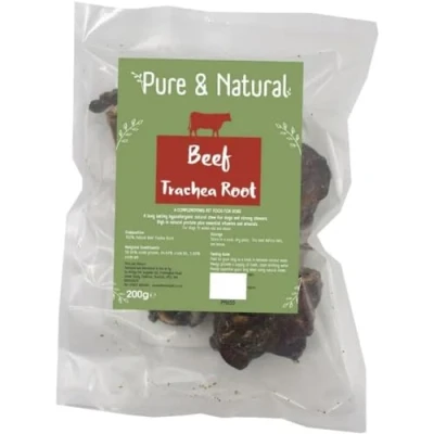 Image of Pure &amp; Natural Beef Trachea Root Dog Chews High Protein, Long Lasting, Healthy Treats for Large Dogs Small 200g Bag