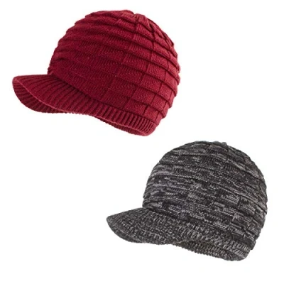 Image of LANGZHEN Unisex Winter Hats with Visor Warm Ski Hat Stylish Knitted for Men and Women (Black Melange+Burgundy)