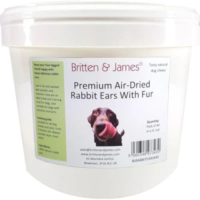 Image of Britten and James 40 Airdried Rabbit Ears with Hair for Dogs. Natural Healthy Tasty Dog Treat Chews in a 5L Tub