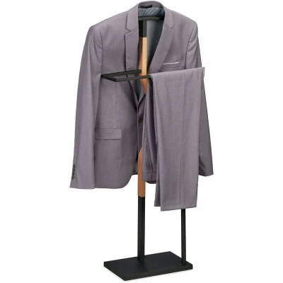 Image of Relaxdays Valet Stand, Suit Holder, Clother Butler, Jacket &amp; Trouser Hanger, 107x48x20 cm, Metal MDF, Black/Natural, Steel, 107 x 48 20 cm