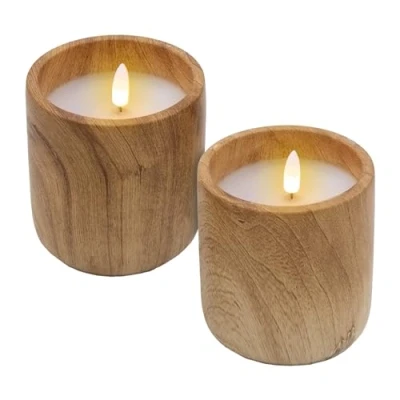 Image of Spetebo LED Candle in Ceramic Mug with Wood Look, 10 x 9 cm, Set of 2, Decorative Battery Operated Timer Function, Mood Light, Artificial Flame Flickering Effect for Indoor