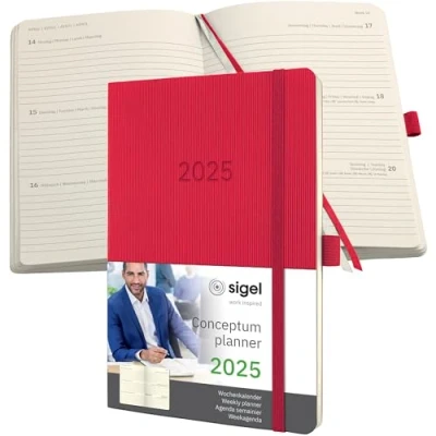 Image of SIGEL C2534 Conceptum Weekly Planner 2025, Approx. A5, red, softcover, 2 Pages = 1 Week, 192