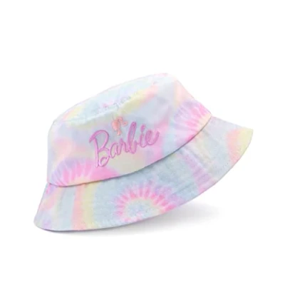 Image of Barbie Bucket Hat for Girls Multicoloured Tie Dye Sun Kids &amp; Teens in One Size Embroidered Classic Logo Headwear Fisherman Movie Doll Merchandise Gift Her