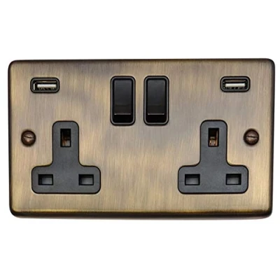 Image of G&amp;H CAB910B Standard Plate Antique Bronze 2 Gang Double 13A Switched Plug Socket 2.1A USB