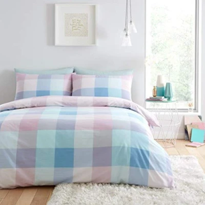 Image of GC GAVENO CAVAILIA Checked Duvet Set, 3Pcs Lightweight Geometric Quilt Covers, Reversible Bedding Double Bed Multicolour