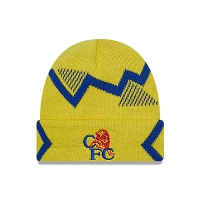 Image of New Era Chelsea FC Beanie hat, 1992 Lion, Yellow Cuff Knit Beanie, Adult Stretch Size, Official Merchandise