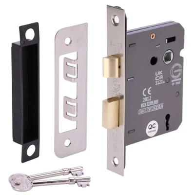 Image of HANDLEZONE® 65mm (2 1/2 inch) Silver Nickel 3 Lever Mortice Sashlock for Internal Timber Doors, Security Key Operated Lock, Reversible Latch, CE &amp; UKCA Approved Fire Rated