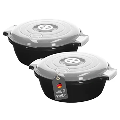 Image of Lantelme Set of 2 Microwave Bowls with Steam Valve 1.8 litres Made in Germany Stackable Dishwasher Safe Plastic Bowl for and Fridge Freezer Black