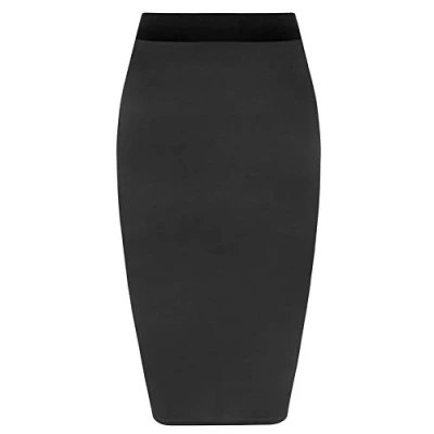 Image of Womens Pencil Stretch Tube Wiggle Ladies Contrast Elasticated Waistband Fit Bodycon Plain Office Midi Skirt Black Size 20 22 (XXL)