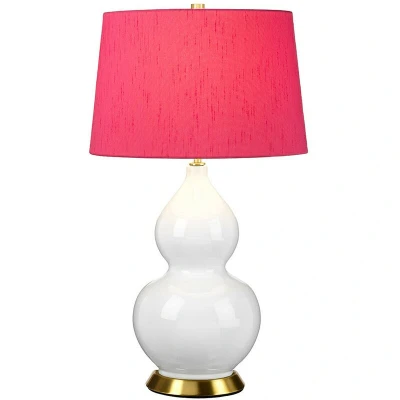 Image of Isla Table Lamp with Round Tapered Shade, Aged Brass, White, Pink