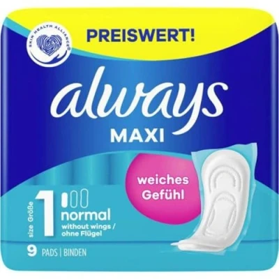 Image of Always Maxi Normal Pads (Size 1) Pack of 9 Soft Feel Individually Wrapped