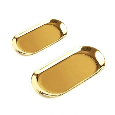 Image of Set of 2pcs Gold Oval Tray Stainless Steel Cosmetics Jewelry Towel Fruit Dish Plate Different Sizes