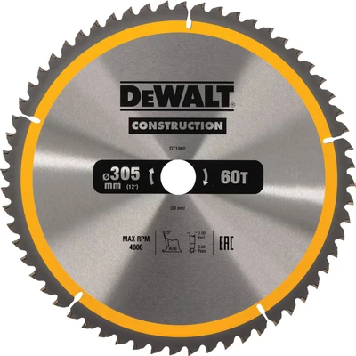 Image of DEWALT DT1960 QZ Construction Circular Saw Blade Stationary Fine Finish 305mm 60T