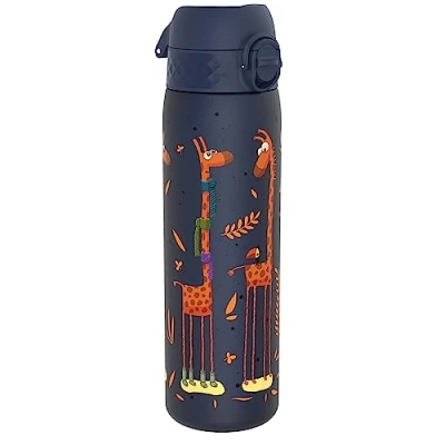 Image of Ion8 500ml Water Bottle, BPA Free, Leakproof, Dishwasher Safe, Easy Open, Secure Lock, Clear Drinks Bottle for Boys &amp; Girls, Small Gym Sports Drinking 500ml, Navy, Giraffes Design