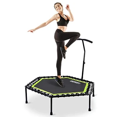 Image of OneTwoFit 48&quot; Silent Mini Trampoline with Adjustable Handle Bar Fitness Bungee Rebounder Jumping Cardio Trainer Workout for Adults or Kids OT064
