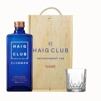 Image of Personalised Haig Club Clubman Single Grain Scotch Whisky 70cl in Wooden Box with glass (40% ABV) Birthday Gifts, Gift Sets, Alcohol Set, Christmas