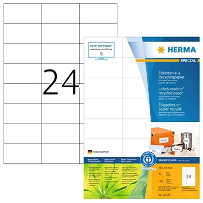 Image of HERMA Self Adhesive Recycling Labels, 24 Labels per A4 Sheet, 80 Sheets, 70 x 37 mm, 1920 100% Recycled Paper Stickers, Sticky for Laser &amp; Inkjet Printer, Natural White