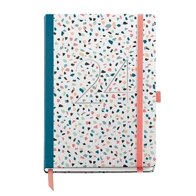 Image of Miquelrius Annual Diary 2024, Day Page, Plus Size 155 x 213 mm (similar A5), Hard Cover, Stitched Binding, Elastic Closure, Spanish, English and Portuguese, Terrazzo with Stamping Silver