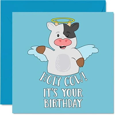 Image of Funny Birthday Cards for Men Women Holy Cow Happy Card Mum Dad Brother Sister Son Daughter Nan Grandad Friend Cousin, 145mm x Humour Joke Banter Bday Greeting