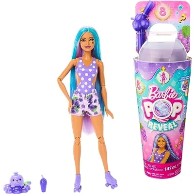 Image of Barbie Pop Reveal Fruit Series Doll, Grape Fizz Theme with 8 Surprises Including Pet &amp; Accessories, Slime, Scent Color Change, HNW44