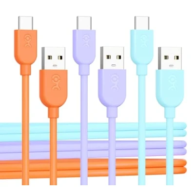 Image of Cable Matters 3 Pack Multi Color Flexible USB A to C with 3A Fast Charging1.8m (USB Charging Cable) in Orange, Blue, and Purple, Compatible iPhone 15, Samsung Galaxy S23