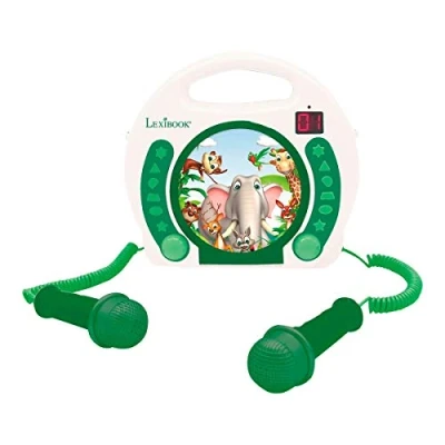 Image of Lexibook Portable Animal CD Player with Microphones, Handle, Programming, Repeat, Karaoke, Jungle, Earphone Jack, Kid, Boy, Girl, White/Green, RCDK100ANX