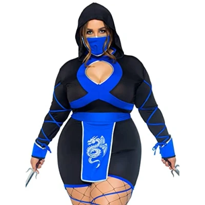 Image of Leg Avenue Dragon Ninja Set Sexy Romper and Face Mask Halloween Costume for Women, Black/Blue, 3X/4X