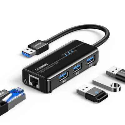 Image of UGREEN 4 in 1 USB Hub to Ethernet Adapter, Gigabit RJ45 Lan Adaptor with 3 3.0 Ports, Plug and Play for MacBook Pro, Steam Deck, Switch, Windows, Hard Drive, Keyboard, Mouse