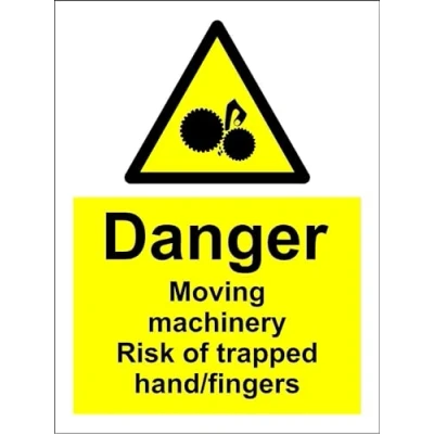Image of Warning Danger moving machinery risk of trapped hand fingers safety sign Self adhesive sticker 150mm x 100mm Case (Pack 20)