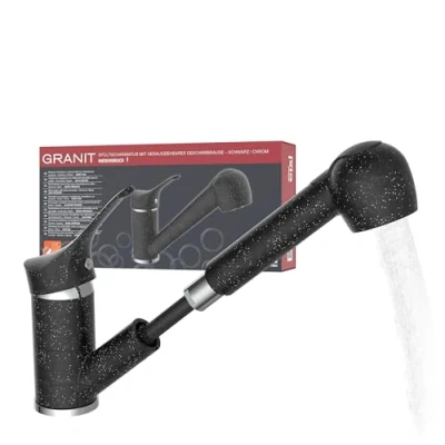 Image of EISL sink mixer low pressure GRANIT with dish shower, 90 swivel kitchen black ideal for double sink, tap, single lever NI183SMCR LP