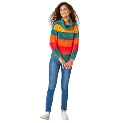 Image of Roman Chenille Striped Cowl Neck Jumper for Women UK Ladies Autumn Everyday Winter Holiday Long Sleeve Soft Ribbed Hemline Comfy Colourblock Daywear Sweaters Green Size 14