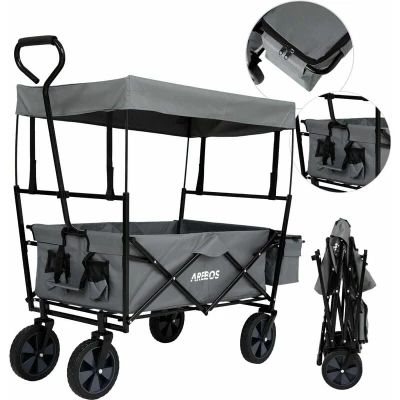 Image of Arebos Foldable Cart with Roof Transport 2X Net Pockets and 1x Outside Pocket Solid Rubber Tires Gray