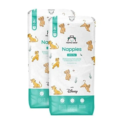 Image of Amazon Brand Mama Bear Disney Ultra Dry Nappies, Size 6 (15+ kg), 140 Count (2 Packs of 70), White, Monthly Pack