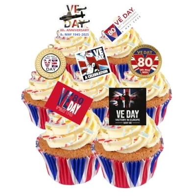 Image of 30 Stand Up VE Day 80th ANNIVERSARY Victory Europe WW2 Remembrance Themed Edible Wafer Paper Cake Toppers Decorations TT