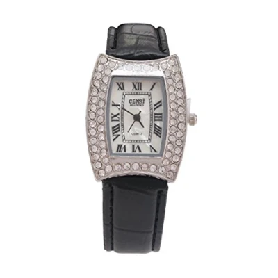 Image of Censi Women&#039;s Wrist Watch Silver Diamante Bezel Display Analog Japanese Quartz Movement with Black PU Leather Ladies
