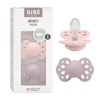 Image of BIBS Infinity Symmetrical Soother 2 Pack, BPA Free, Nipple, Silicone, Nipple. Made in Denmark, 0 6 Months (Pack of 2), Blossom/Dusky Lilac