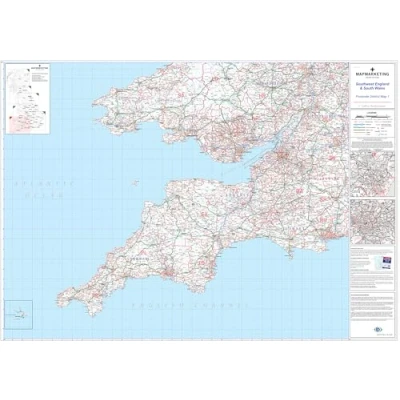 Image of Large Southwest England And South Wales Postcode Wall Map Covering Cardiff Bristol City Plan Inlays, County Boundaries, Motorways, Primary &#039;A&#039;+&#039;B&#039; Roads, Towns, Cities